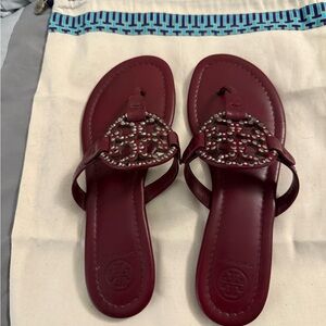 Tory Burch burgandy Miller Sandals with Classic Thong Design
